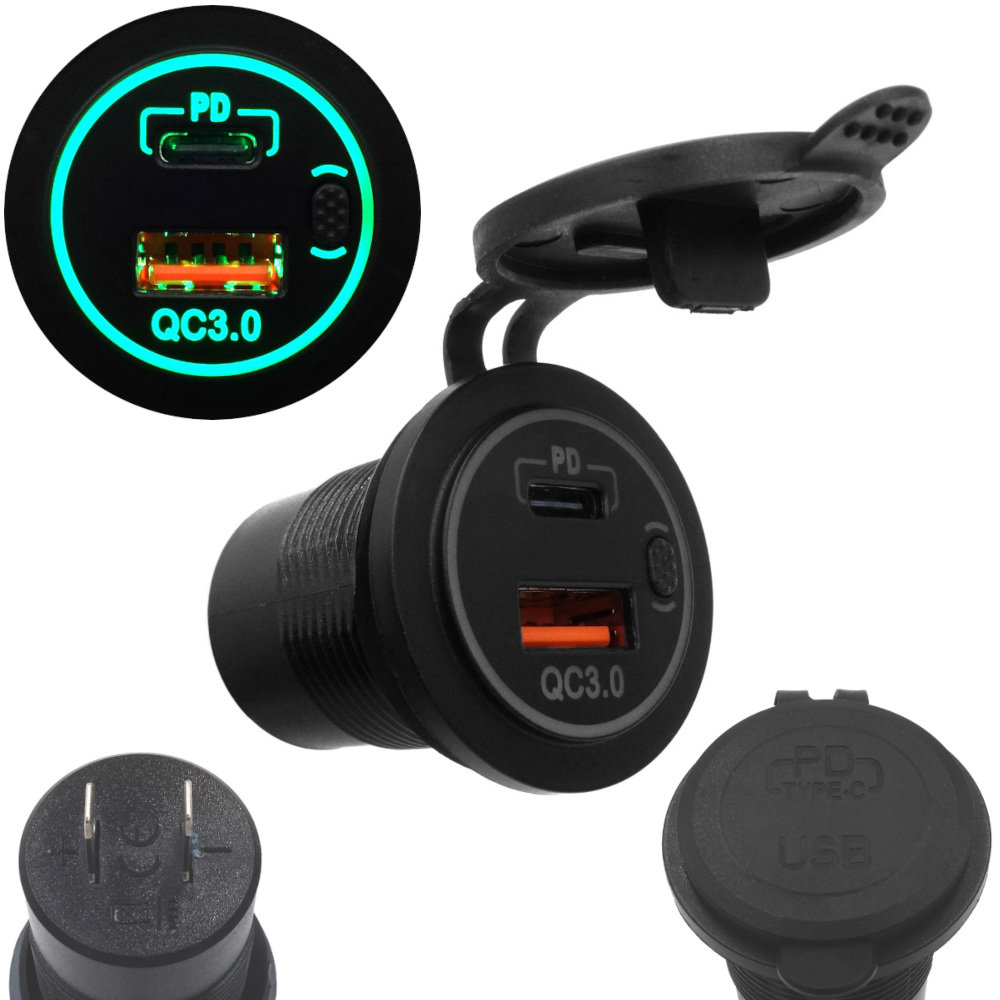 ŁADOWARKA SAMOCHODOWA MONTAŻOWA USB Z WYŁĄCZNIKIEM USB-C PD i QC3.0 GREEN