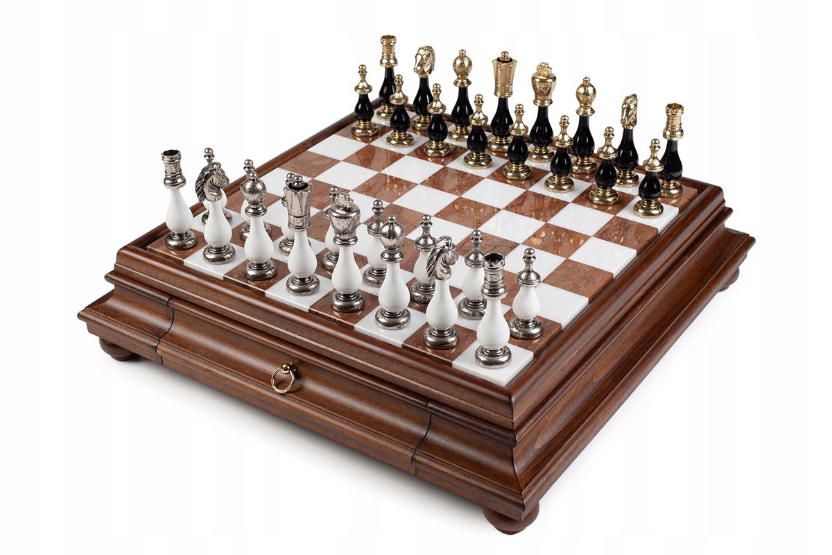 Italian Chess Wood White/Black+Chess Board Marble/Wood 46 With Drawer