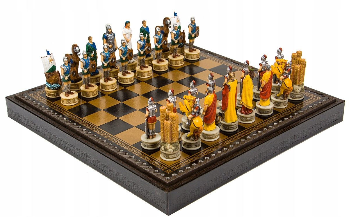 Italian Chess Pieces Battle Of Troy+Chess Board Leatherette Gold/Black 35
