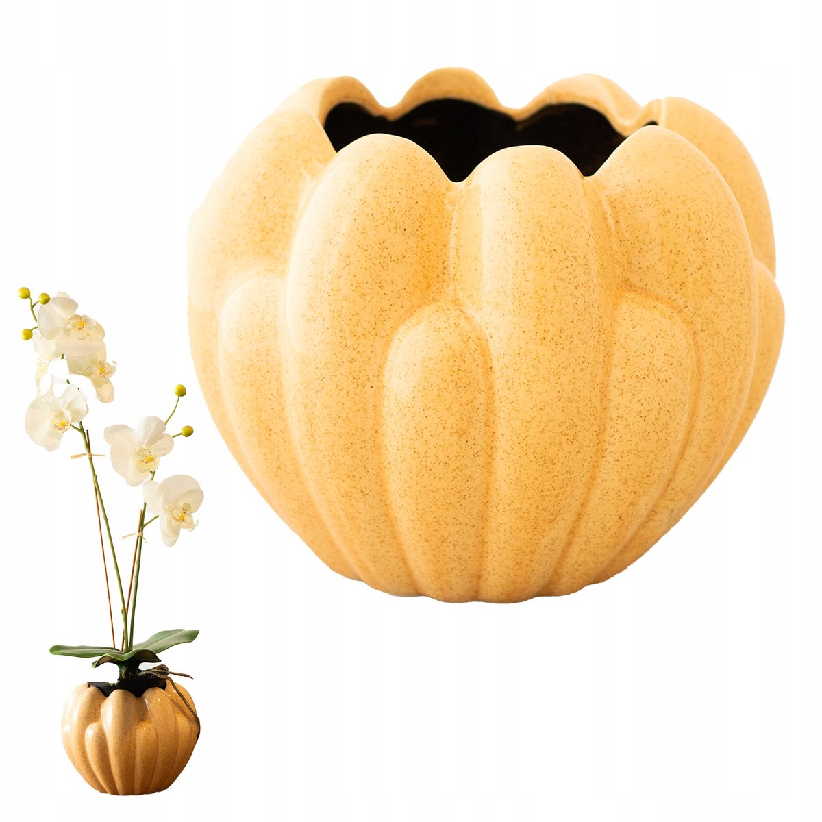 DONICZKA CERAMICZNA do salonu KWIAT pomarańczowa połysk elegancka 14cm