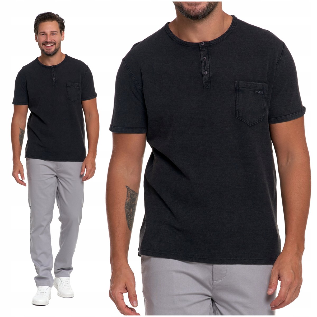 Koszulka Męska Elegancki T-Shirt z Guzikami Kieszonka Krótki Rękaw MORAJ M