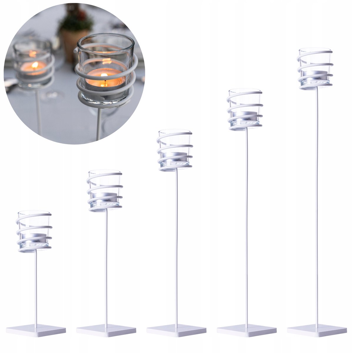 Świeczniki Białe Metalowe na Tealight Szklany Klosz + Świeczki Zestaw 5 szt