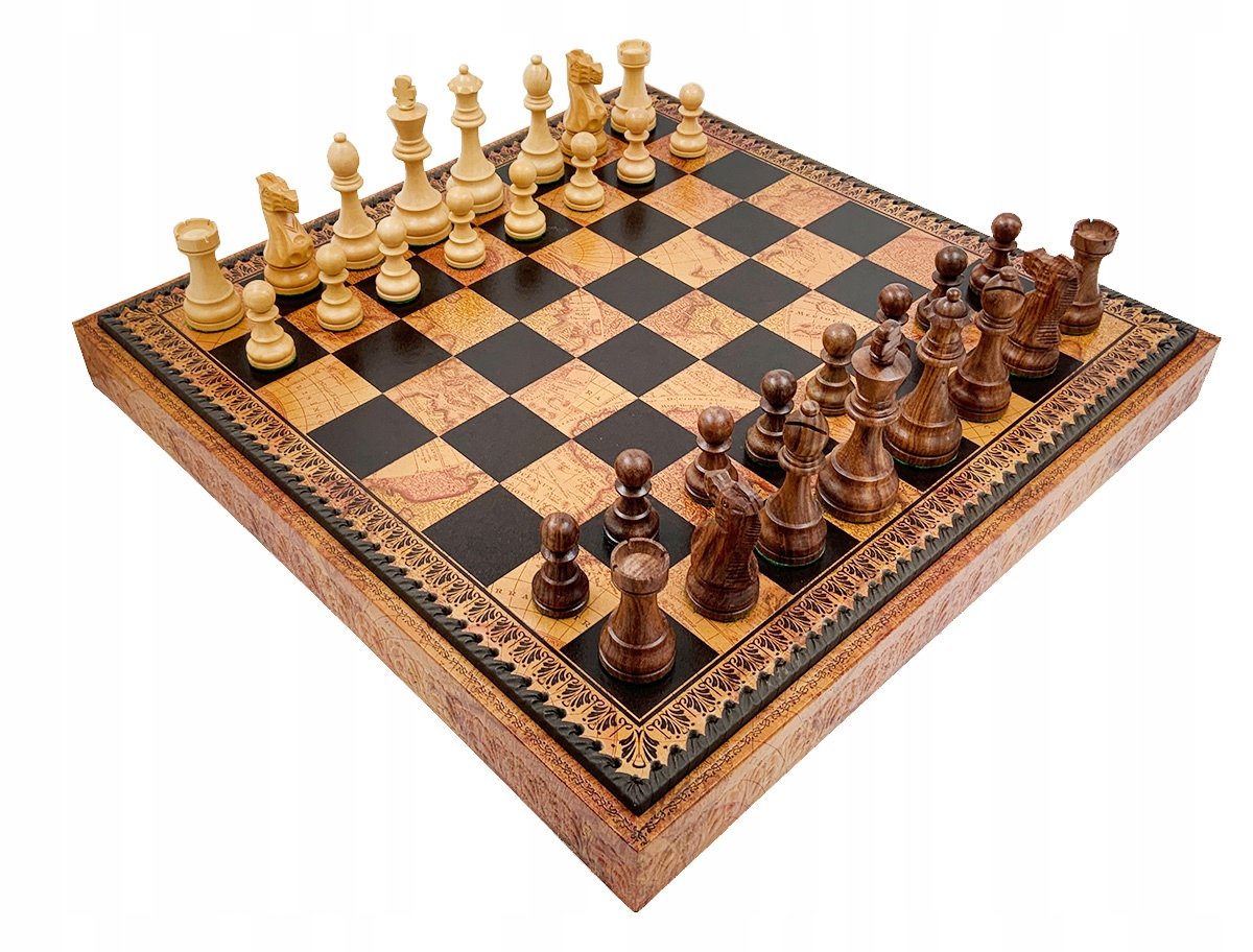 Italian Chess Acacia Wood Classic Premium+Chess Board Leather Globe Map 48