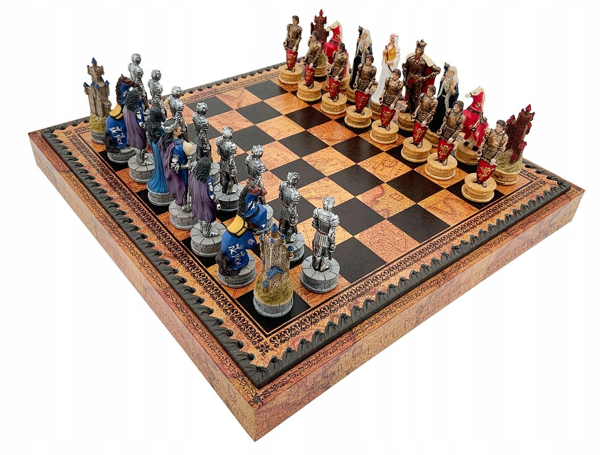 Italian Set Chess Pieces King Arthur+Chess Board Leatherette Globe Map 35