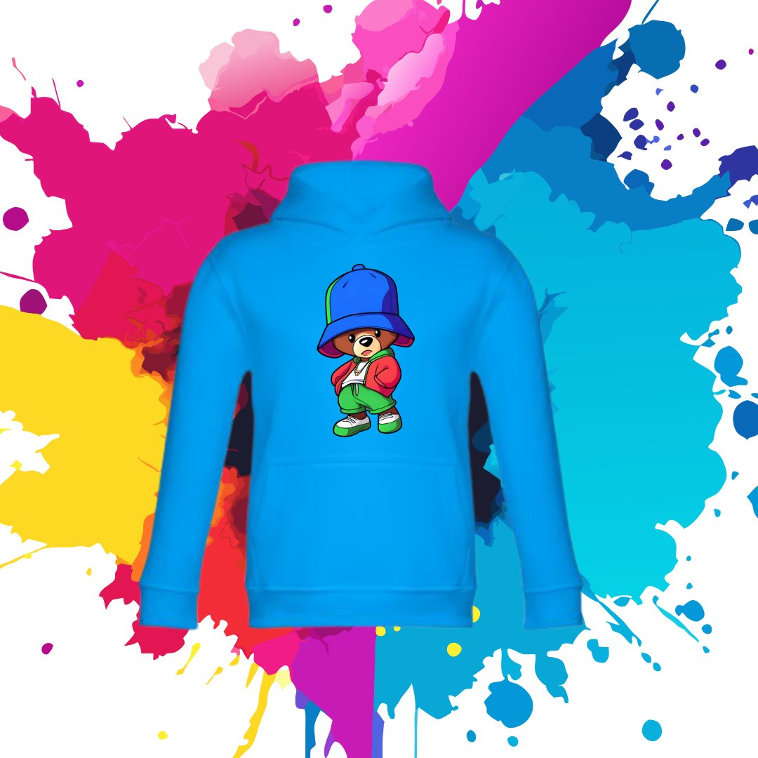 Bluza dziecięca typu kangurka z kapturem w kolorze błękitnym z nadrukiem ludzik Exa 6 lat