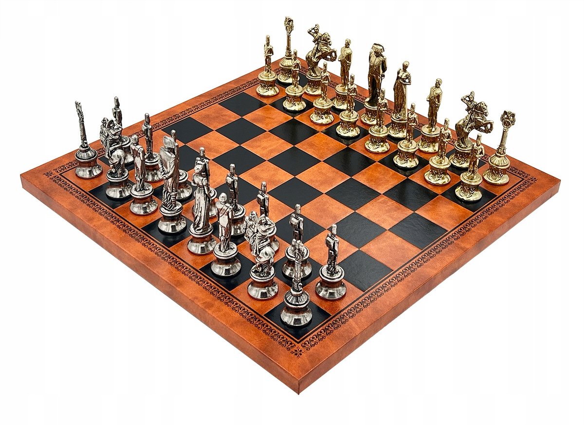 Italian Chess Pieces Napaleon Medium+Chess Board Leatherette Brown/Black 33