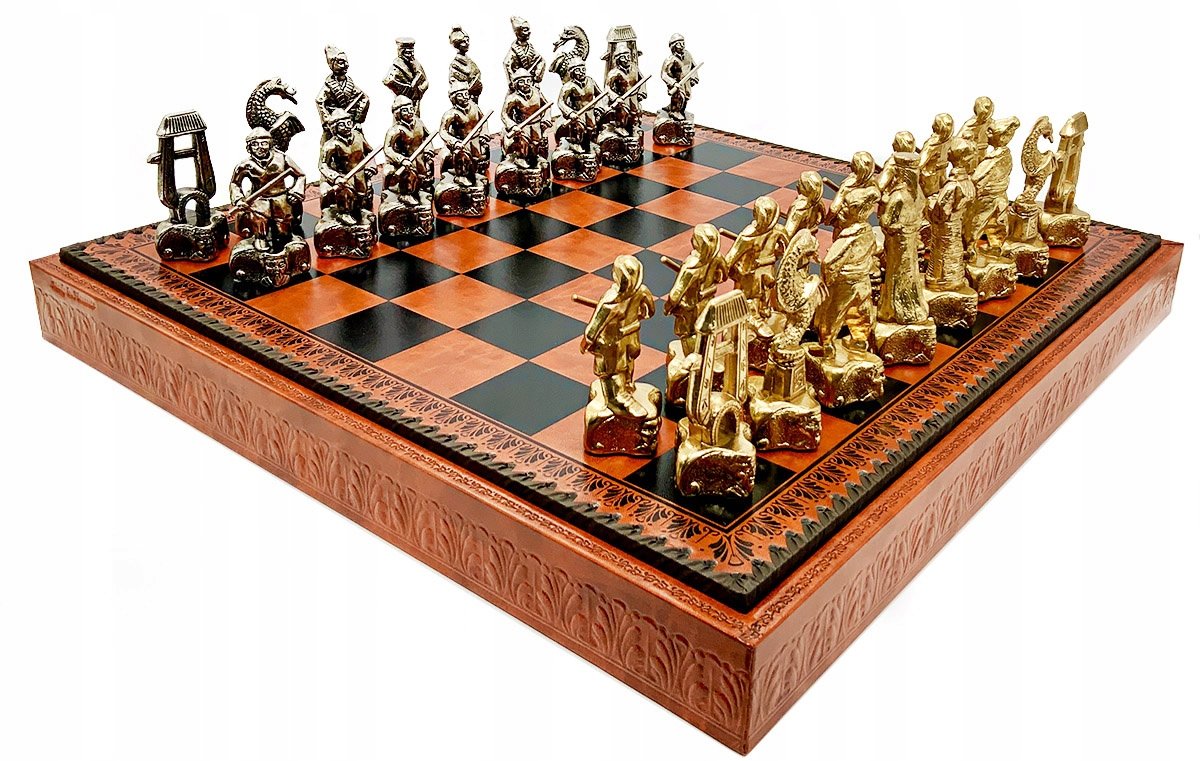 Italian Chess Pieces Metal Samurai+Chess Board Leatherette Brown/Black 48