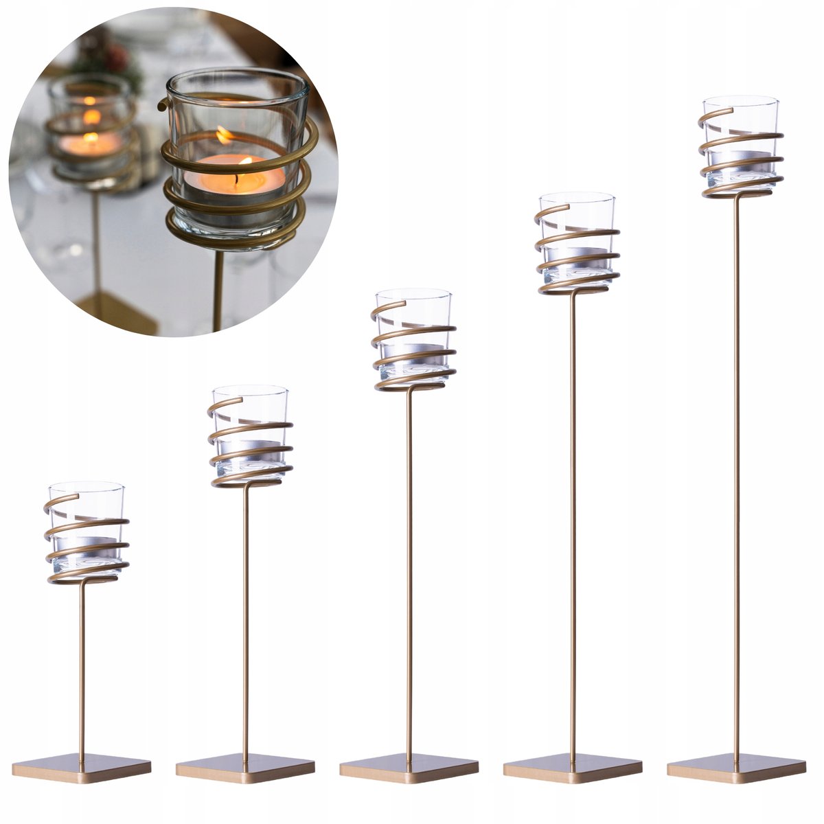Świeczniki Złote Metalowe na Tealight Szklany Klosz + Świeczki Zestaw 5 szt