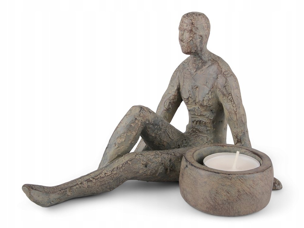 ŚWIECZNIK tealight SIEDZĄCY MĘŻCZYZNA szary mat na półkę szafkę stół