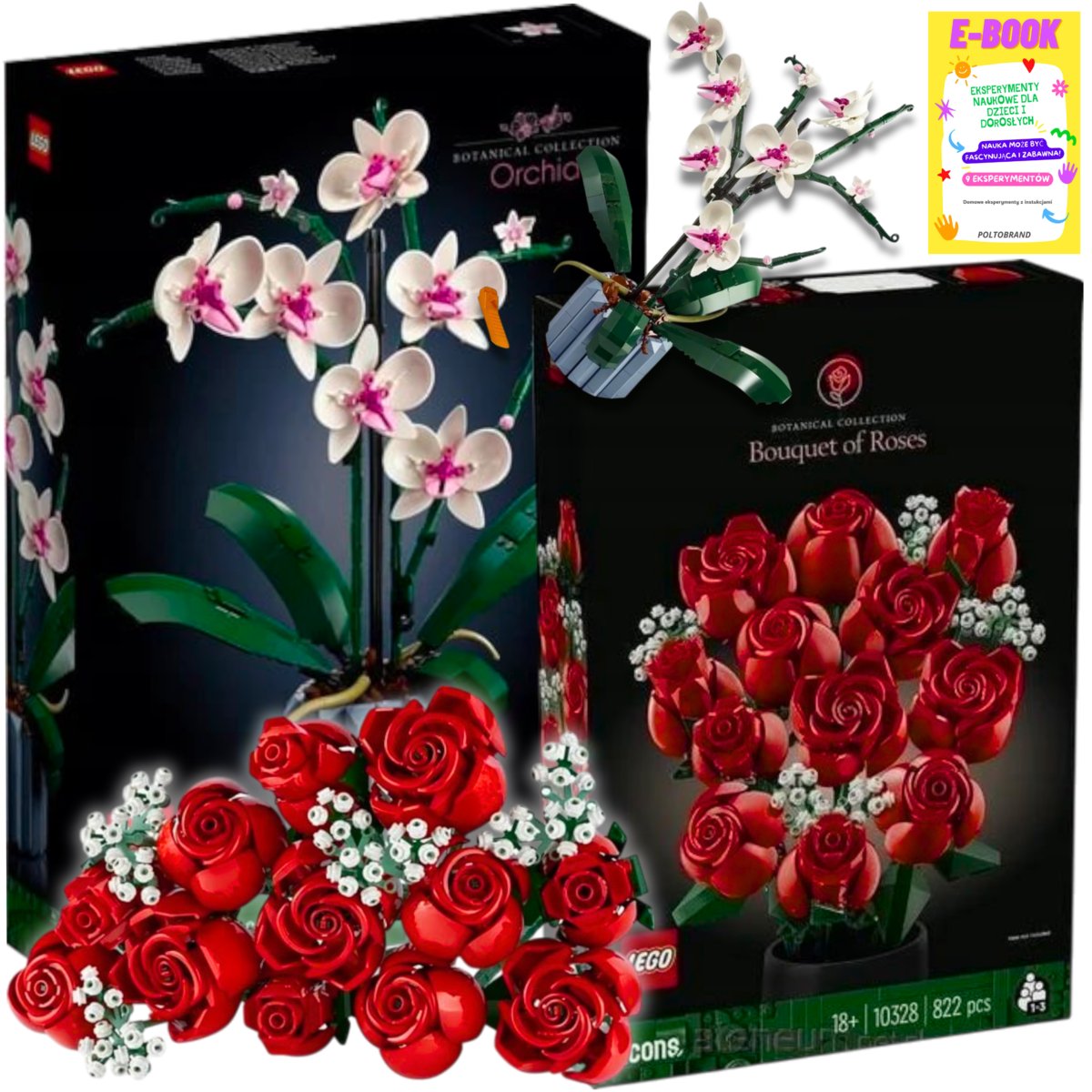 LEGO KLOCKI ZESTAW XXL Botanicals ICONS - ORCHIDEA DUŻA i BUKIET RÓŻ KLOCKI KWIATY PREZENT + EBOOK