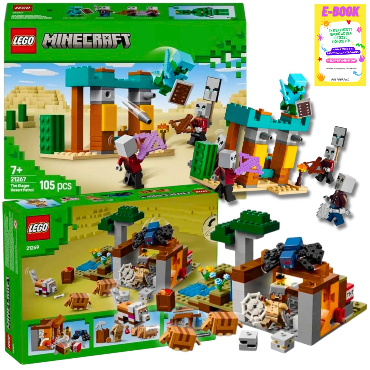 LEGO MINECRAFT ZESTAW - PUSTYNNY PATROL ZŁOSADNIKÓW (21267) + WYPRAWA DO PANCERNIKOWEJ KOPALNI (21269) + EBOOK