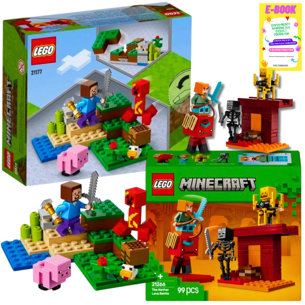 LEGO MINECRAFT ZESTAW - Bitwa na moście Netheru (21266) + ZASADZKA CREEPERA STEVE (21177) + EBOOK