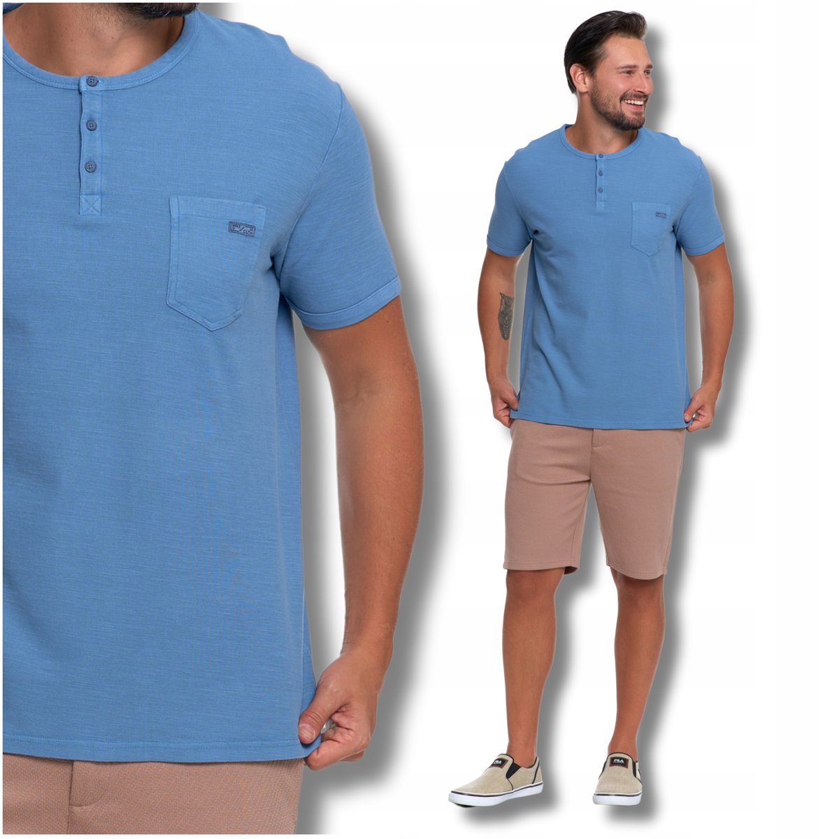 T-Shirt Męski Elegancki Koszulka z Guzikami Bluzka Krótki Rękaw MORAJ M