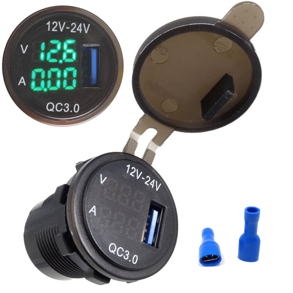 ŁADOWARKA SAMOCHODOWA DO AUTA DO ZABUDOWY 12V-24V USB QC3.0 woltomierz