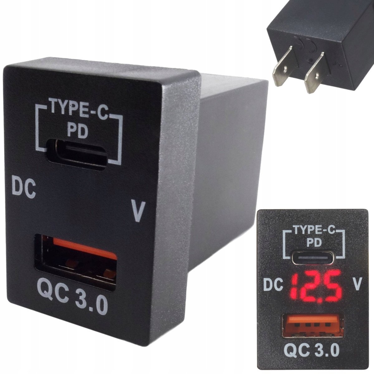 ŁADOWARKA SAMOCHODOWA MONTAŻOWA USB 12V-24V QC3.0 PD CZERWONY WOLTOMIERZ