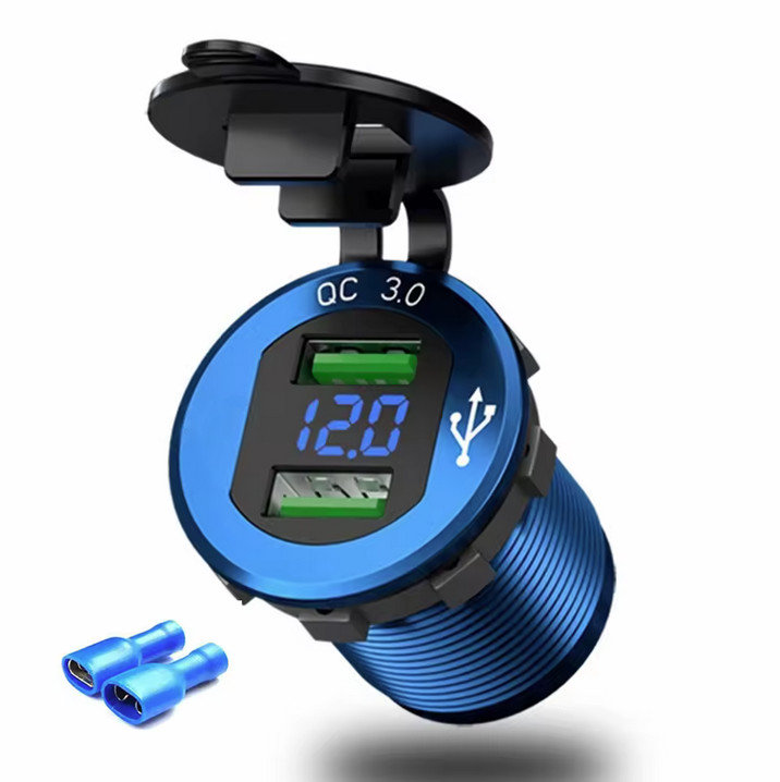 ŁADOWARKA SAMOCHODOWA DO AUTA DO ZABUDOWY USB QC 3.0 12V 24V NIEBIESKA LED
