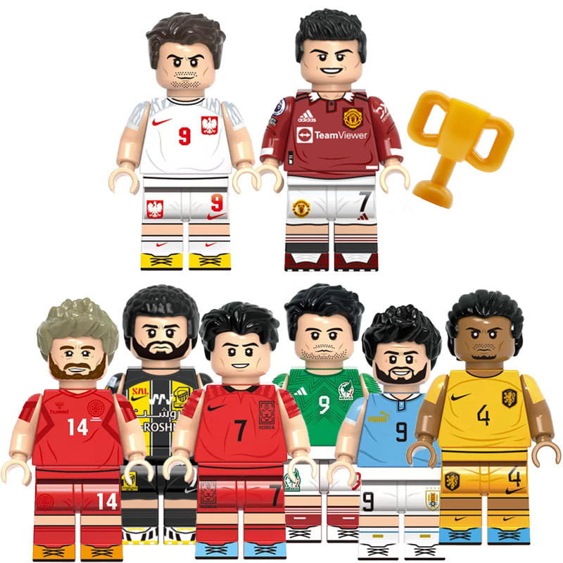 Piłkarskie Gwiazdy - Piłkarzyki Lewandowski Raul Eriksen Suarez Son Heung-Min Virgil Benzema Ronaldo - figurki klocki 8 szt