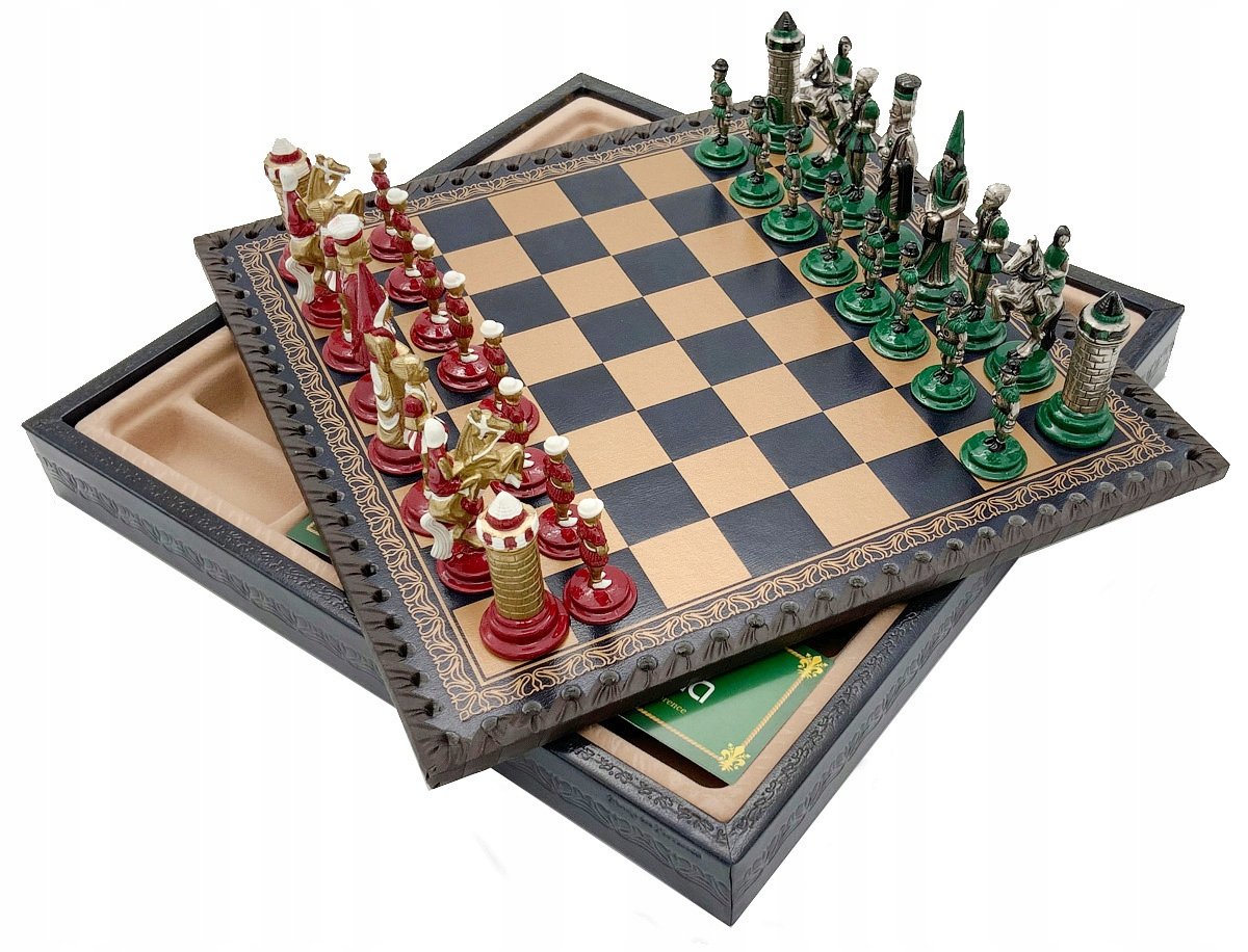 ITALIAN SET CHESS CAMEL Hand painted+CHESS BOARD LEATHERETTE GOLD/BLUE 28