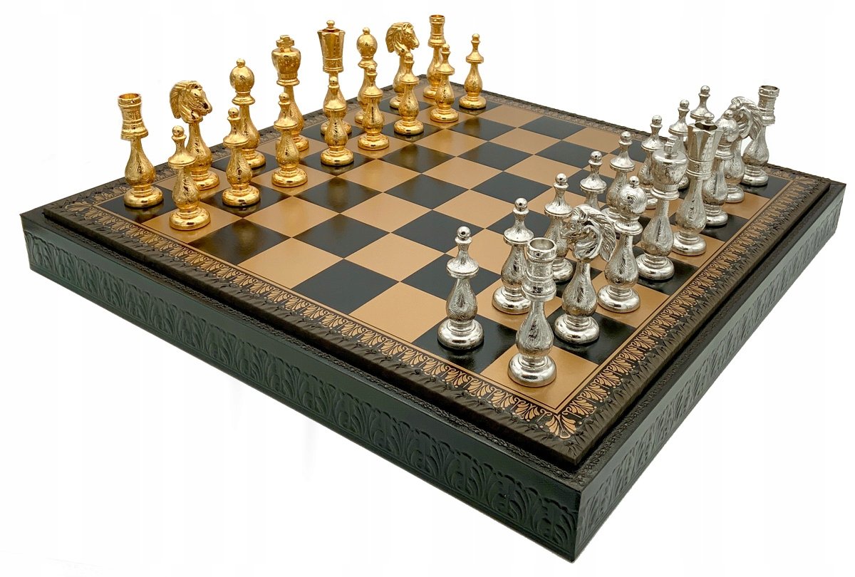 Italian Chess Arabesque Gold/Silver+Chess Board Leatherette Gold/Black 48