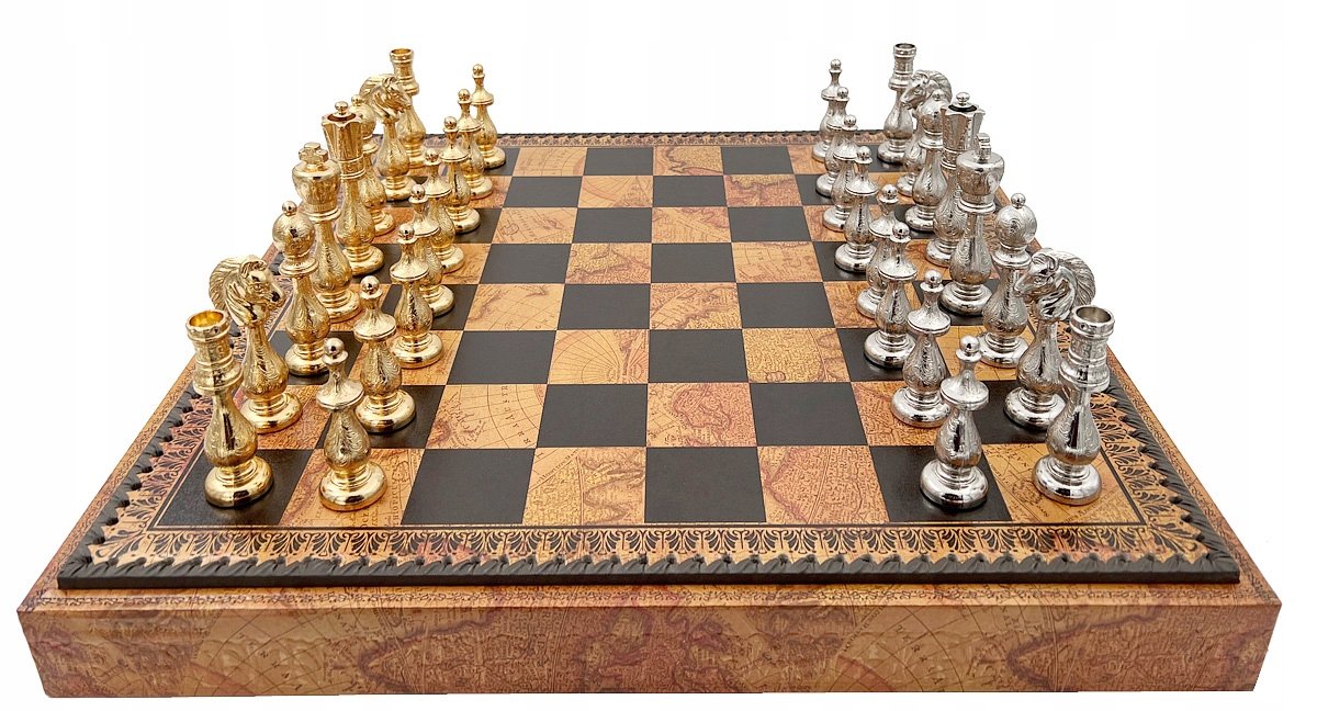 Italian Chess Arabesque Gold/Silver+Chess Board Leatherette Globe Map 48