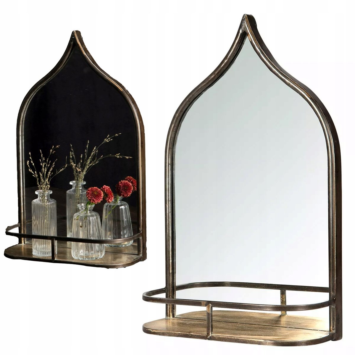 LUSTRO ZŁOTE Z PÓŁKĄ ŚCIENNE 47x30cm loft metalowa rama do salonu sypialni