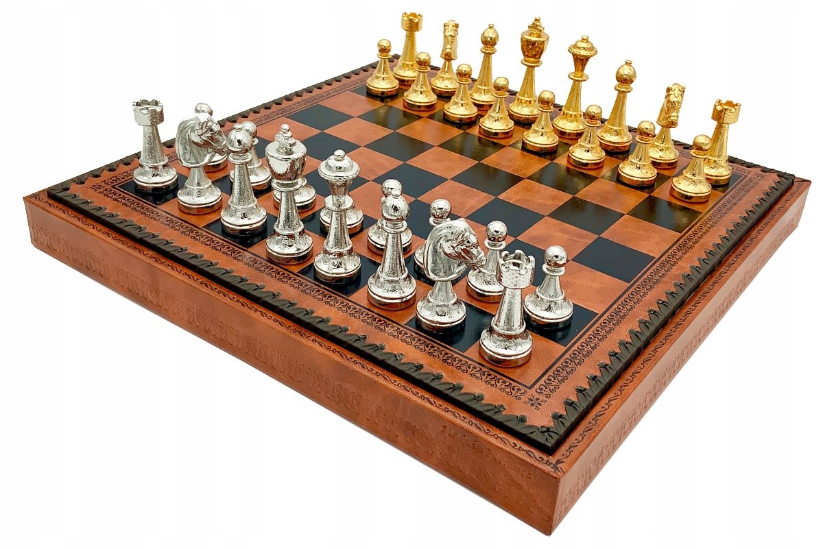 Italian Chess Staunton Gold/Silver+Chess Board Leatherette Black/Brown 35