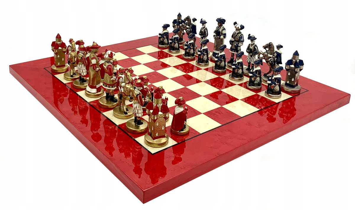 Italian Chess Pieces Landsknecht+Italian Board Erable Briar Wood White/Red