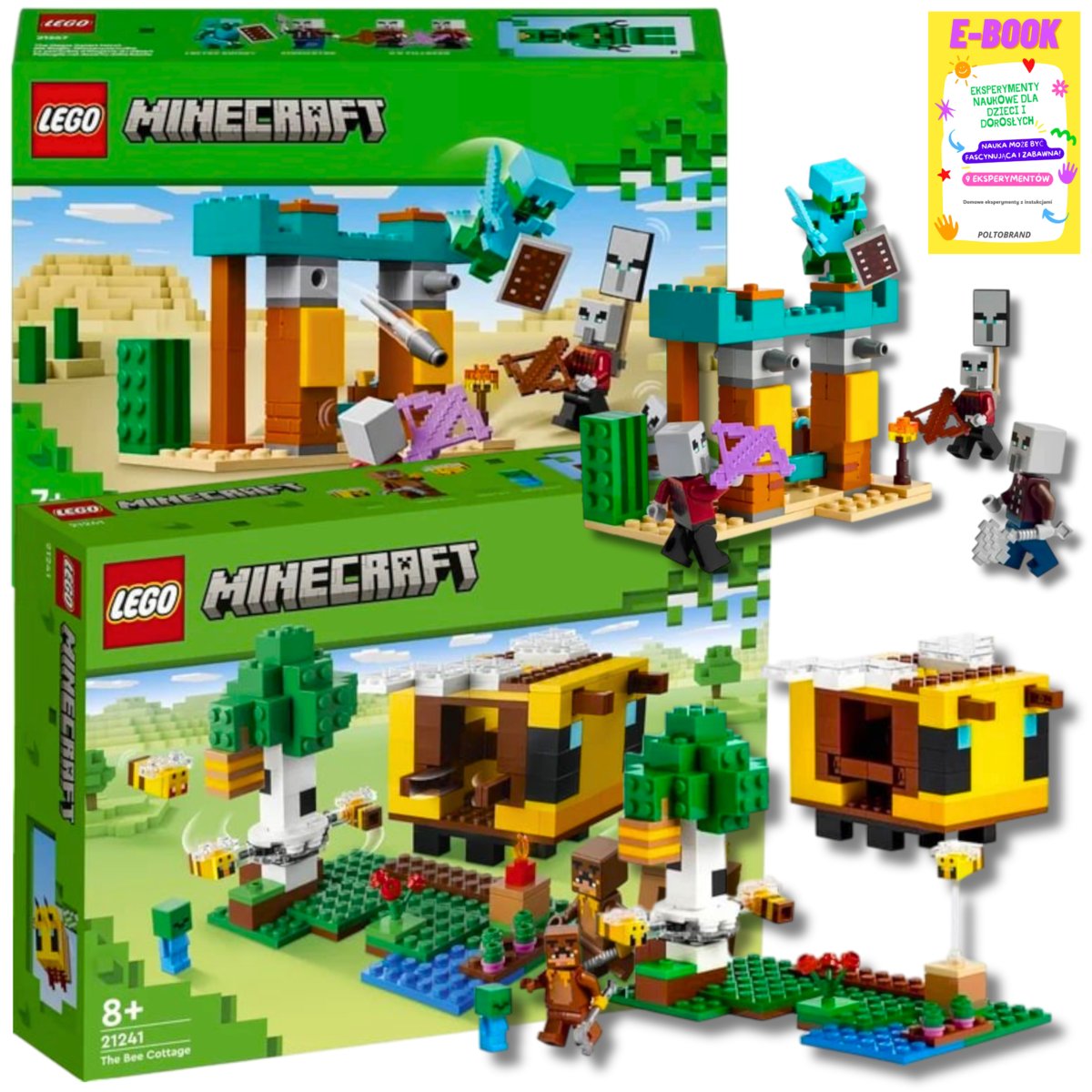 LEGO MINECRAFT ZESTAW - PSZCZELI UL (21241) + PUSTYNNY PATROL ZŁOSADNIKÓW (21267) + EBOOK