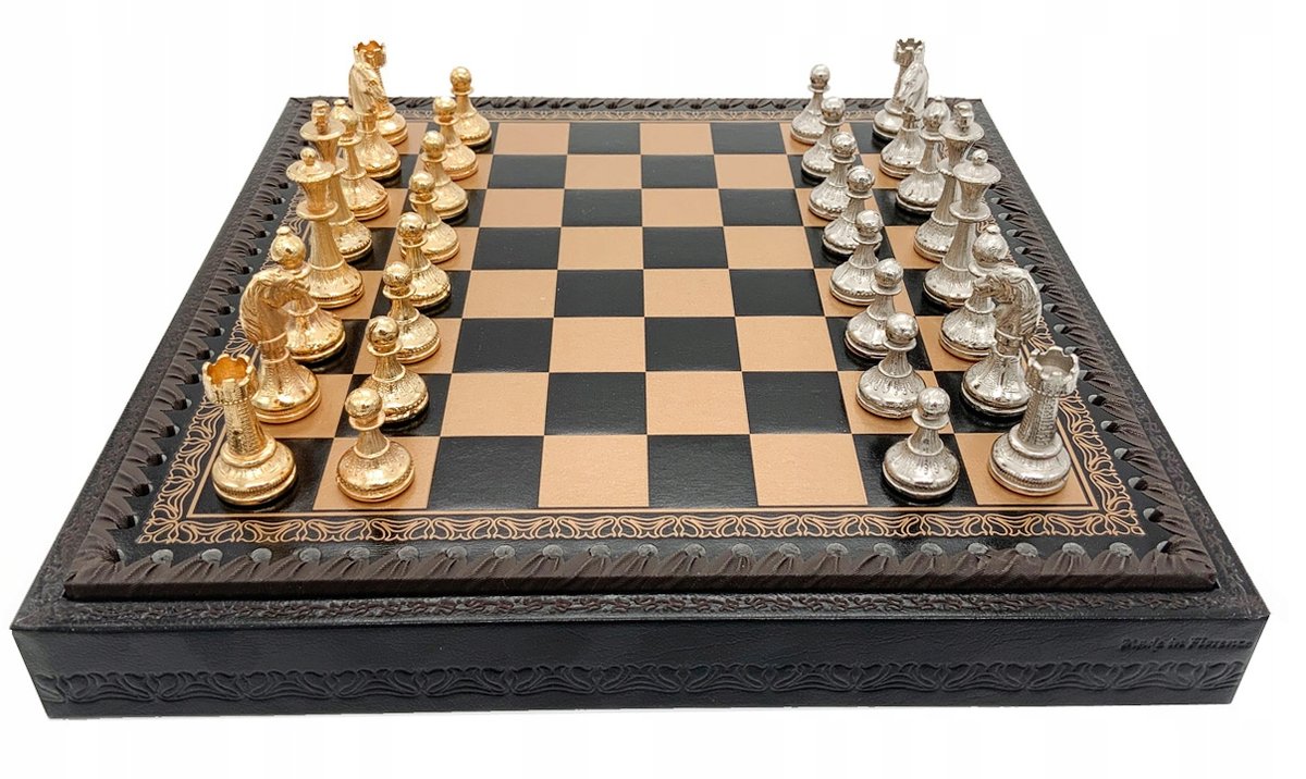 Italian Chess Pieces Mignon Gold/Silver+Chess Board Leatherette Gold/Black