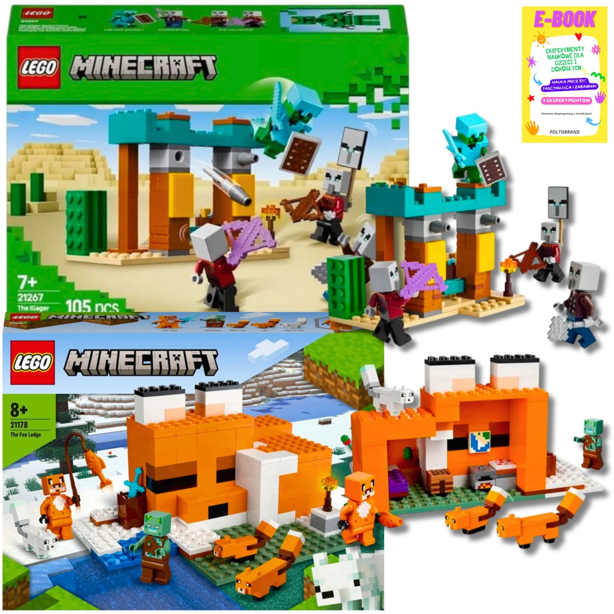 LEGO MINECRAFT ZESTAW - SIEDLISKO LISÓW (21178) + PUSTYNNY PATROL ZŁOSADNIKÓW (21267) + EBOOK