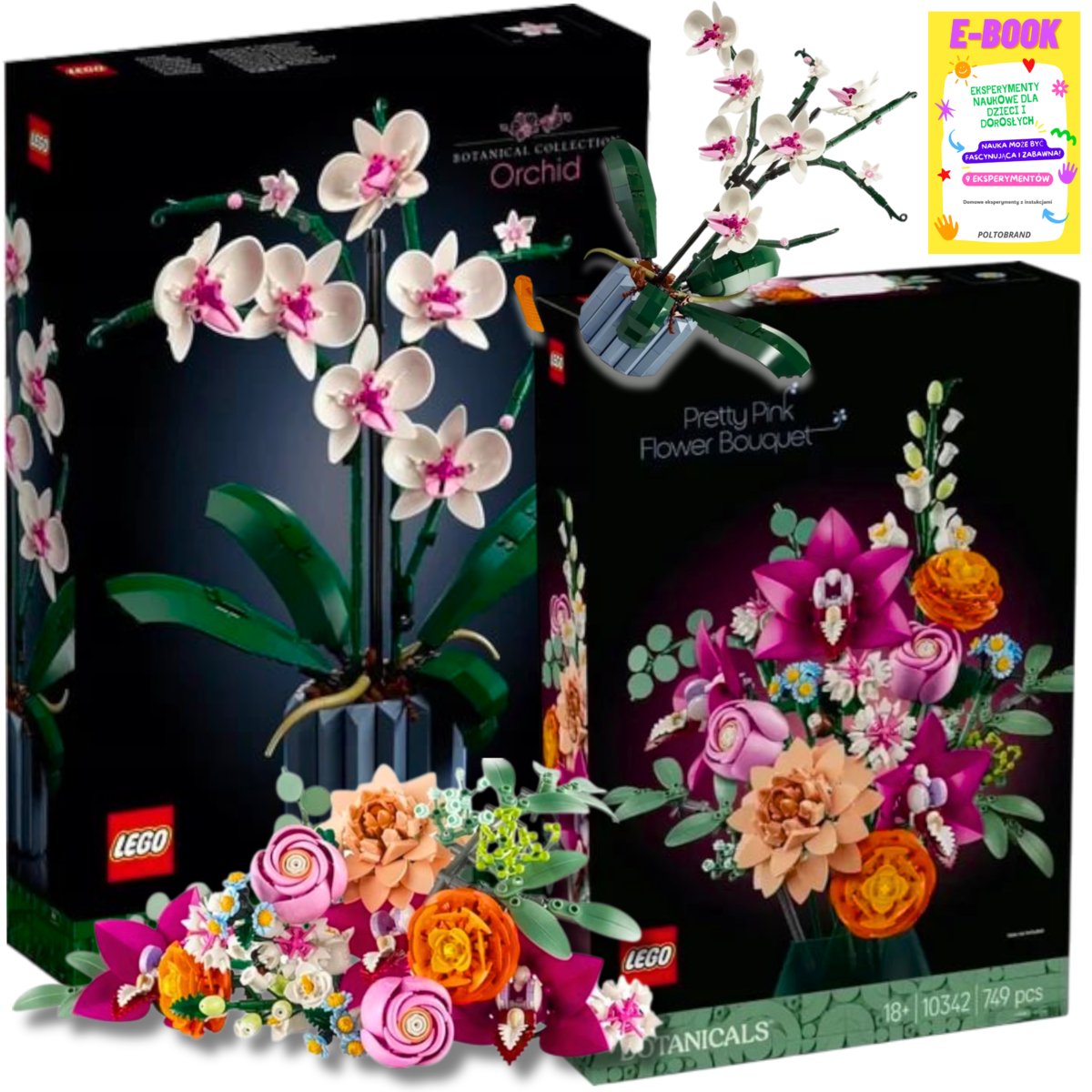 LEGO KLOCKI ZESTAW BOTANICAL COLLECTION - ORCHIDEA DUŻA i PIĘKNY BUKIET RÓŻOWYCH KWIATÓW PREZENT + EBOOK
