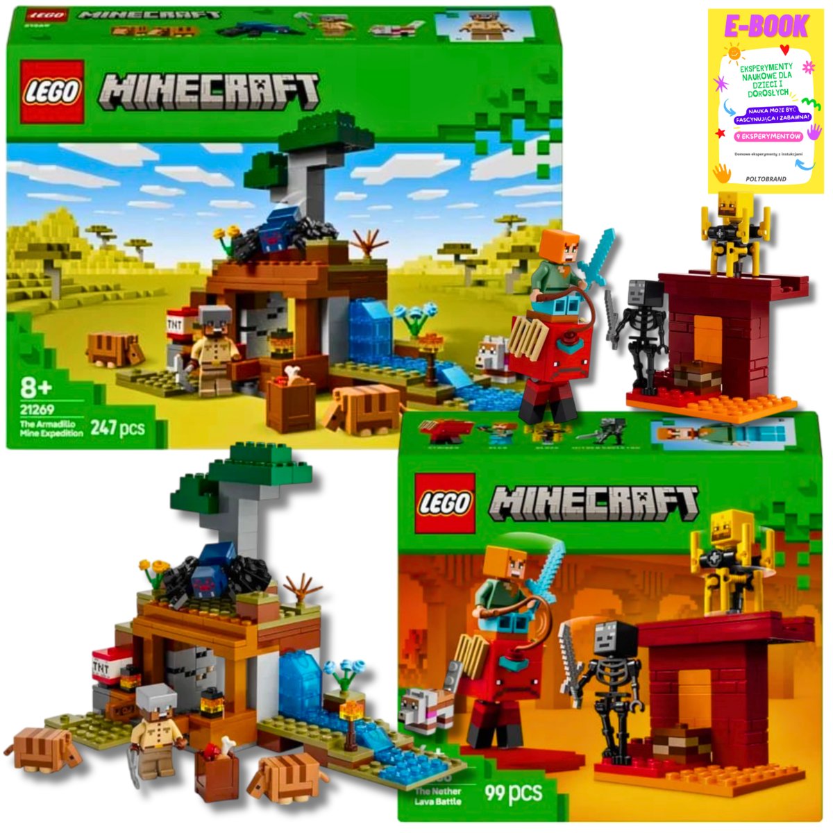 LEGO MINECRAFT ZESTAW - Bitwa na moście Netheru (21266) + WYPRAWA DO PANCERNIKOWEJ KOPALNI (21269) + EBOOK