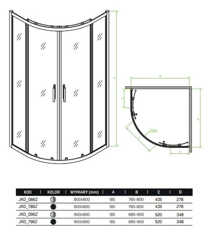 Laveo Desna Kabina prysznicowa półokrągła 90x90x185 cm drzwi rozsuwane JKD096Z