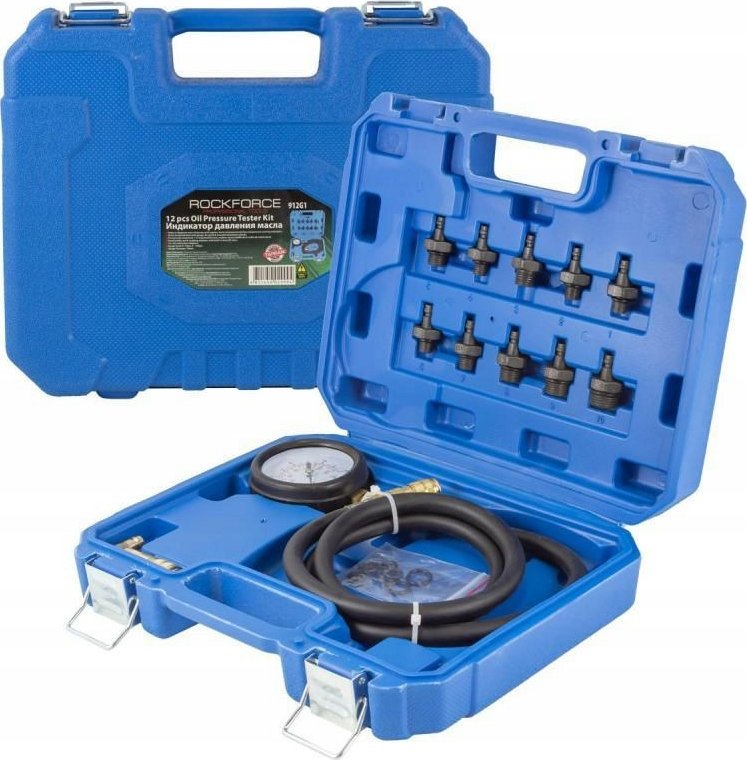 Rockforce Tester ciśnienia oleju w komplecie z gwintowanymi adapterami przejściówkami 0-10bar 12el. w walizce