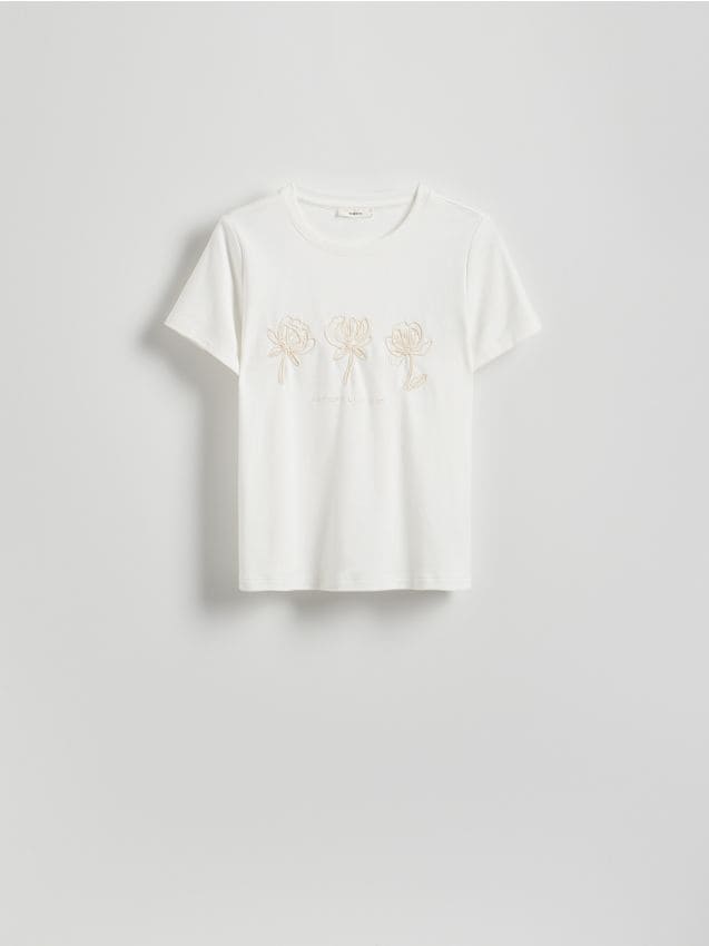 Reserved - T-shirt z haftowanym wzorem - złamana biel