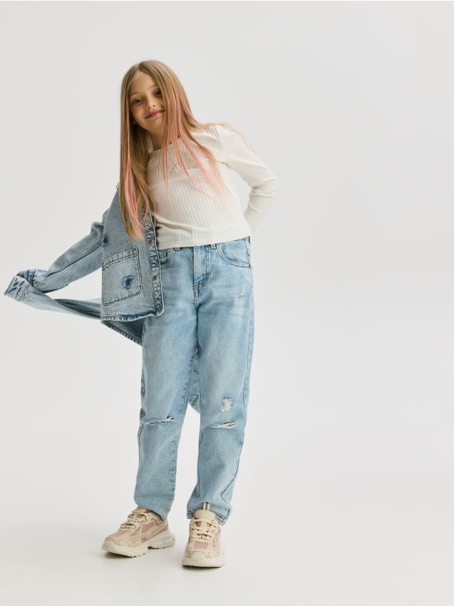 Reserved - Jeansy mom fit z przetarciami - niebieski
