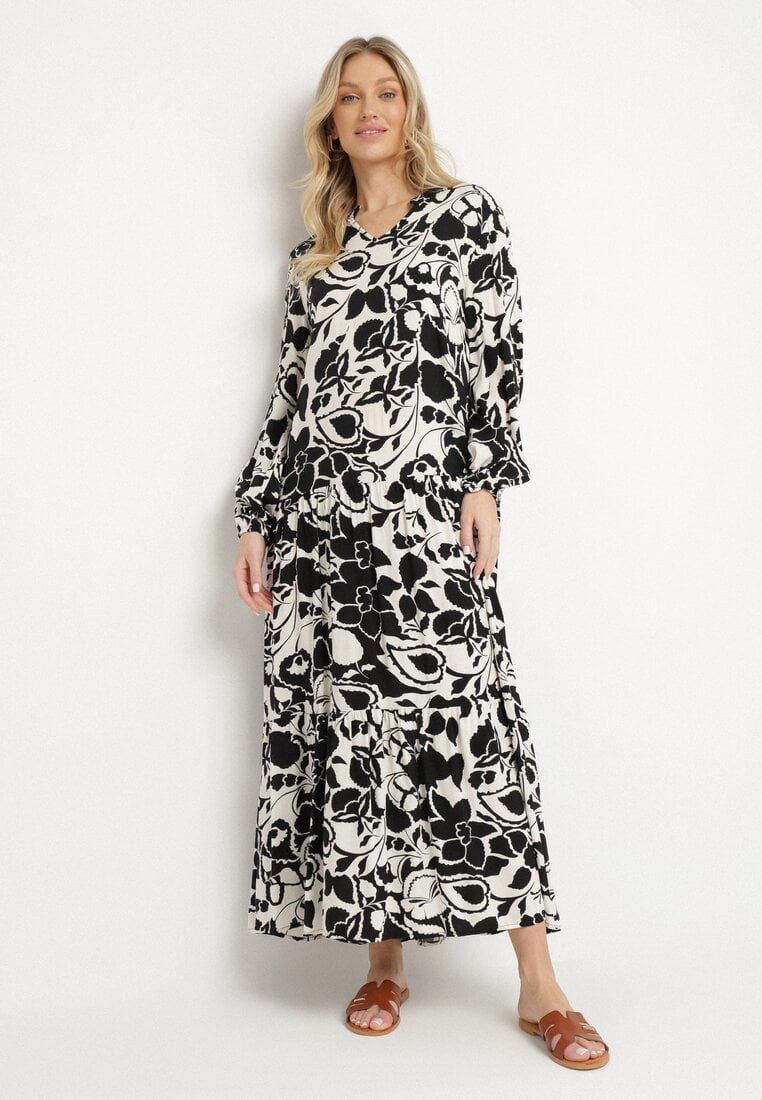 Czarna Sukienka z Wiskozy o Pudełkowym Kroju w Kwiatowy Wzór Ridiana