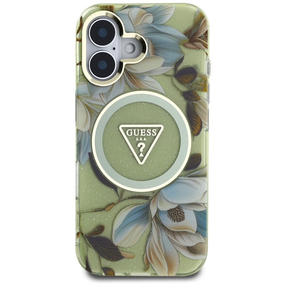 Guess Etui Glitter Flowers Triangle Buttons do MagSafe do iPhone 16, zielone z kwiecistym wzorem