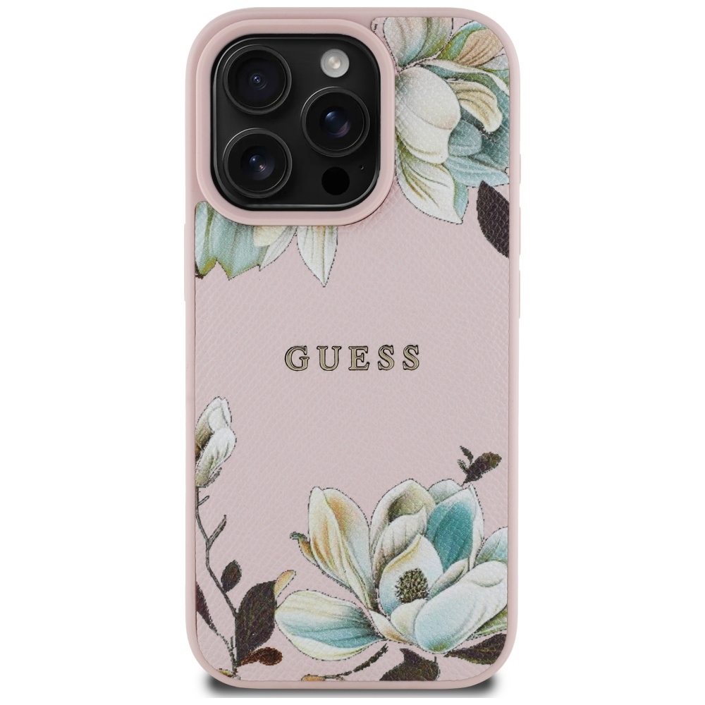 Guess Etui Grained Flower Pattern do MagSafe do iPhone 16 Pro Max, różowe z kwiecistym wzorem