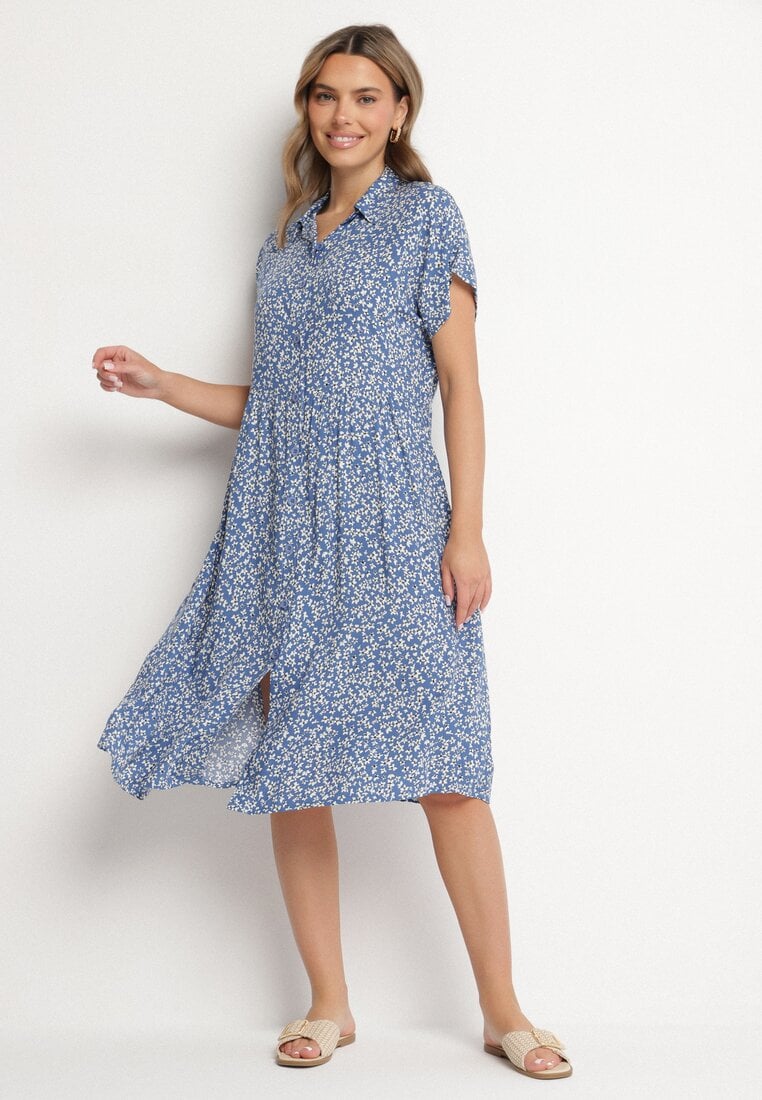 Granatowa Bawełniana Sukienka Koszulowa w Kwiaty z Rozkloszowanym Dołem Jerilsa