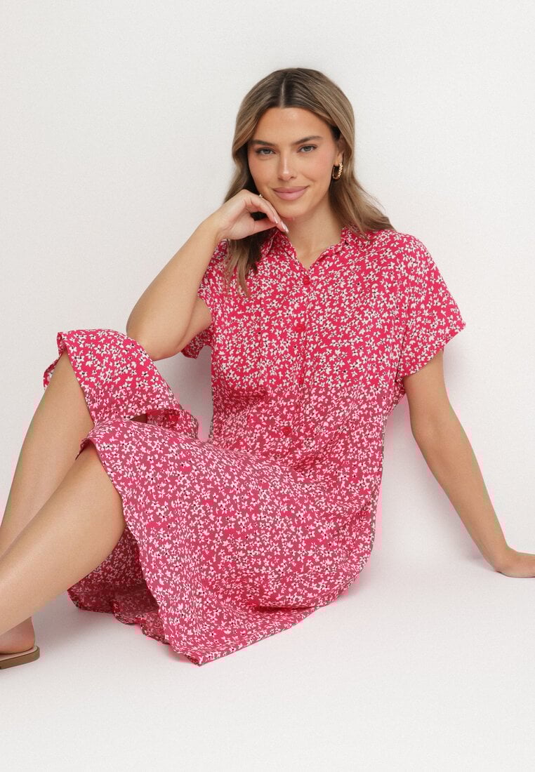 Fuksjowa Bawełniana Sukienka Koszulowa w Kwiaty z Rozkloszowanym Dołem Jerilsa