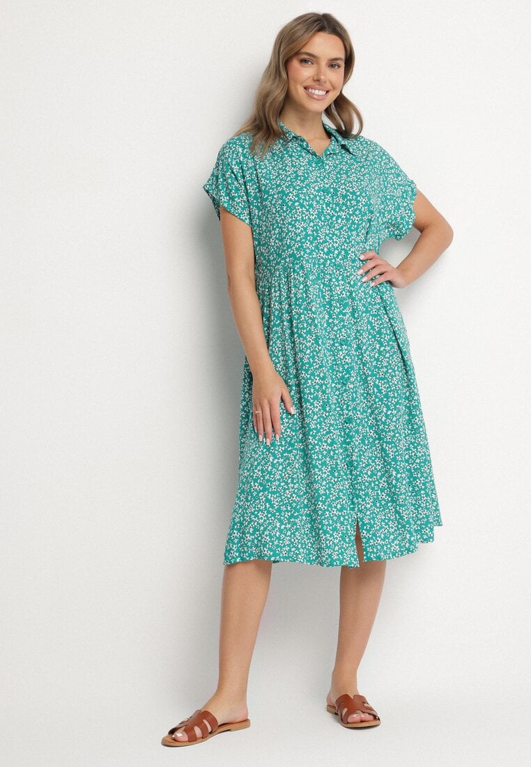 Ciemnozielona Bawełniana Sukienka Koszulowa w Kwiaty z Rozkloszowanym Dołem Jerilsa