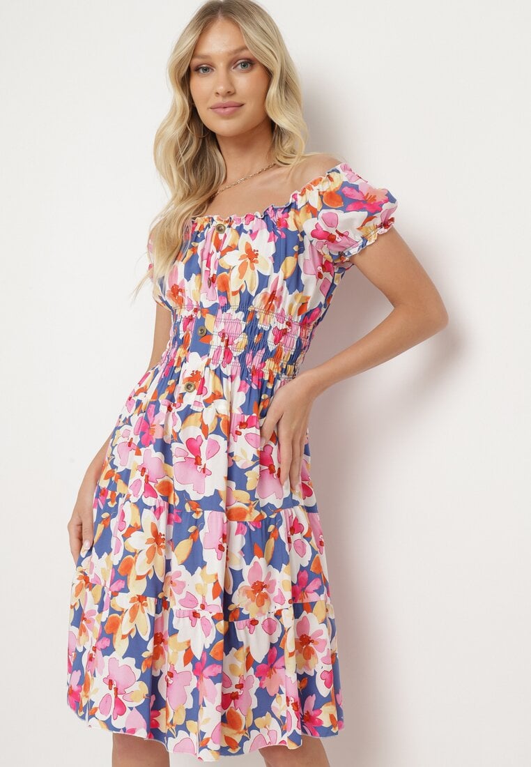 Niebiesko-Różowa Rozkloszowana Bawełniana Sukienka z Gumką w Pasie i Ozdobnymi Guzikami Nelsie