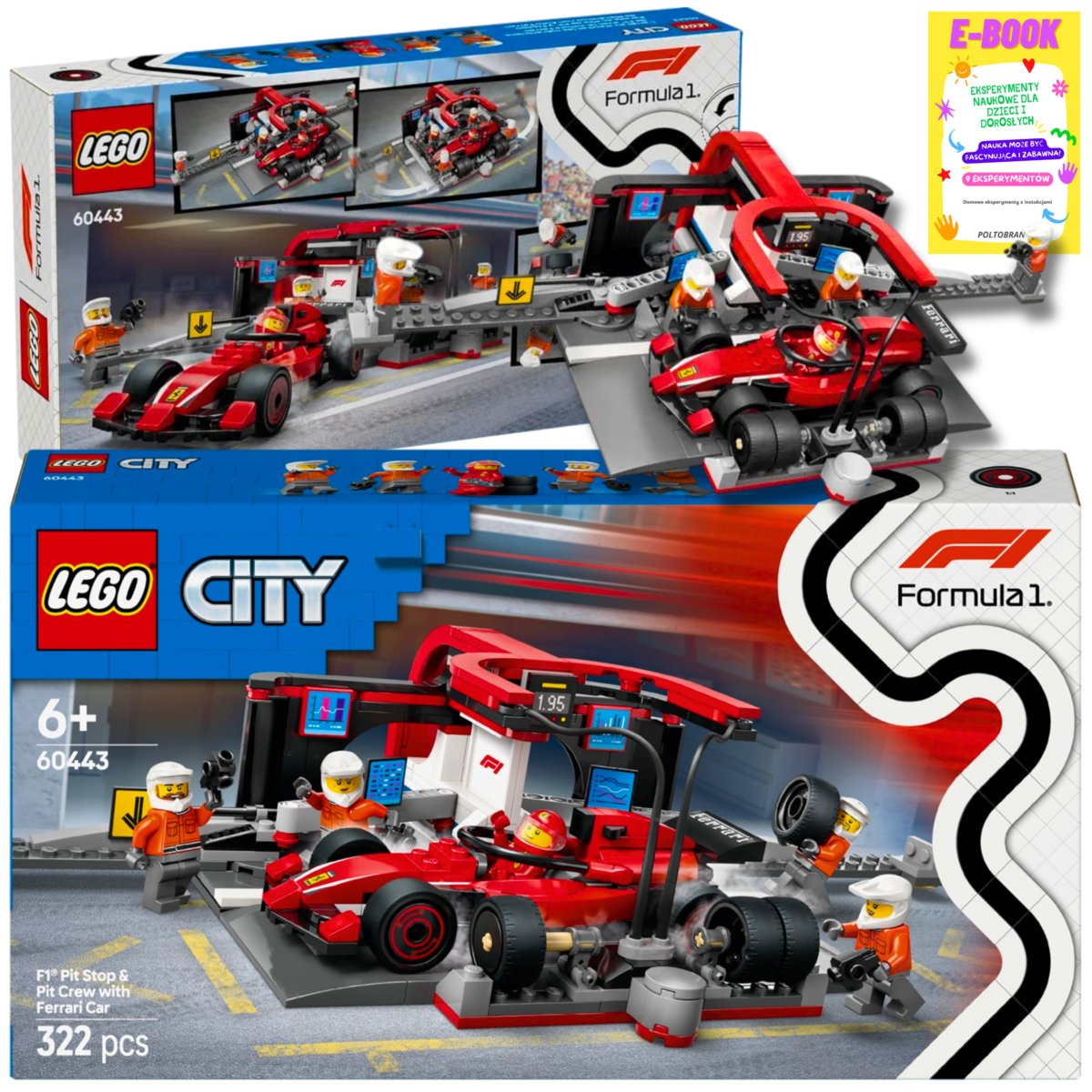 LEGO CITY FORMUŁA 1 Pit stop i mechanicy z bolidem Ferrari KLOCKI PREZENT 60443 + EBOOK