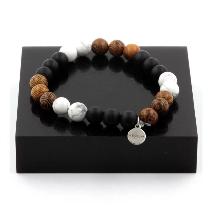 Kamienie i minerały. Bransoletka Koraliki Howlite + Matowy Czarny Onyks + Drewno 8 mm. Wyprodukowano we Francji.
