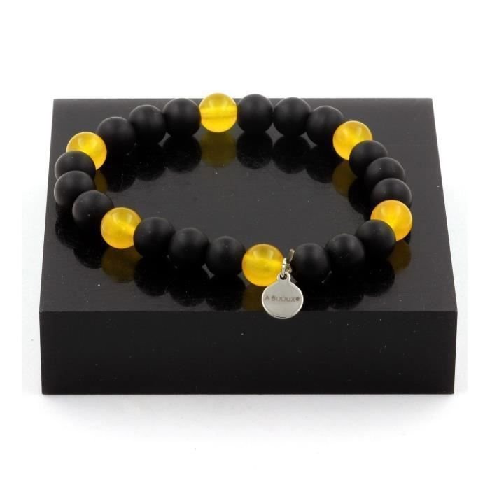 Bransoletka z kamieni naturalnych - ABIJOUX - Koraliki z żółtego agatu + Czarny matowy onyks - Długość 19-20 cm