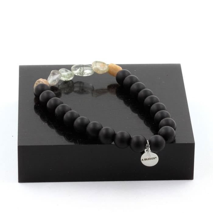 Kamienie i minerały. Bransoletka Zielony Phantom Quartz z Brazylii + Koraliki Czarnego Matowego Onyksu 8 mm. Wyprodukowano we Francji.
