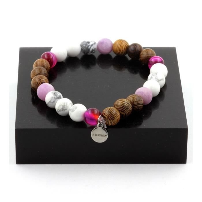 Kamienie i minerały. Bransoletka Koraliki Howlite + Różowy Agat Paskowy + Matowa Fioletowa Mika + Drewno Wyprodukowano we Francji.