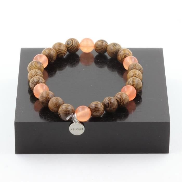 Kamienie i minerały. Bransoletka z koralików pomarańczowego chalcedonu + drewno 8 mm. Wyprodukowano we Francji.