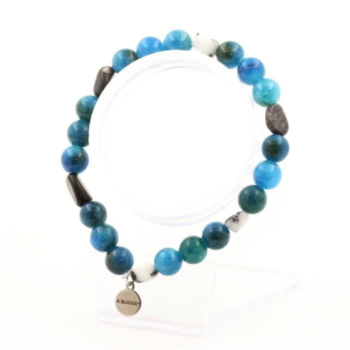 Kamienie i minerały. Bransoletka z jaspisu brazylijskiej zebry + koraliki apatytu 8 mm. Wyprodukowano we Francji.